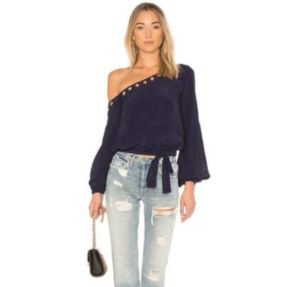LOVERS + FRIENDS $138 Midnight Blue Asymmetrical Blouse One Shoulder NWT